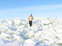 Пример грбавог леда: накупина ледених блокова, овде дебљине око 20 до 30 cm (7,9 до 11,8 инча) (са танким снежним покривачем).