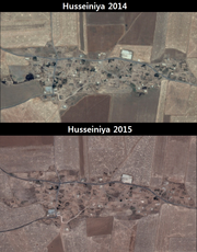 Satellite images of the village of Husseiniya in 2014 and 2015, reportedly leveled by the YPG. Husseiniya village.png