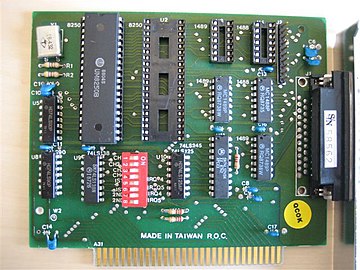 An IBM PC serial card with a 25-pin connector (obsolete 8-bit ISA card)