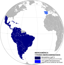 Map showing the Ibero-American Nations Ibero-America (orthographic projection).svg