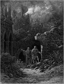 Gravure en noir et blanc montrant, au fond d'un paysage de ruines de châteaux, un roi et un vieil homme barbu les bras écartés, côte à côte.