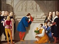 Ludovico pleure sur la tombe de sa femme Béatrice, Giovanni Battista Gigola, 1815 ca. Les frères de S. Maria delle Grazie sont présents à gauche, à droite les deux orphelins Ercole Massimiliano et Francesco avec leurs nourrices respectives, ainsi que Bramante et Leonardo.