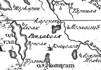 Деревня Кархула (Каргуля) на русской карте 1745 года