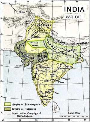 Approximate territory of the Western Satraps (35–405) in dark green, circa 350 CE.