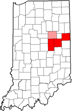 The Classic Athletic Conference in Indiana. Grant County is in pink because its only representative left in 1979. Indiana (CAC).png