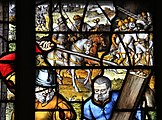 English: Detail of the stained-glass window number 61 in the Sint Janskerk at Gouda, Netherlands: "The bearing of the Cross"
