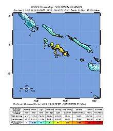 USGS ShakeMap of the Solomon Islands earthquake January 2010 Solomon Islands earthquake intensity USGS.jpg