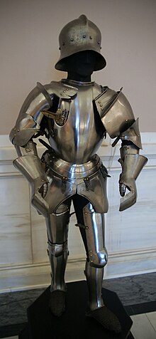 The armour worn by Roberto Sanseverino and looted by the Tyroleans, now kept in the arms and armour collection of Kunsthistorisches Museum, Vienna. KHM Wien A 3 - Armor of Roberto da Sanseverino (d. 1487).jpg