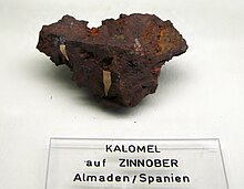 Cinnabar (mercury ore) from Almaden, Spain Kalomel auf Cinnabarit - Almaden, Spanien.jpg