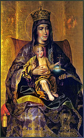 Theotokos and The Child, the late-17th-century Russian icon by Karp Zolotaryov, with notably realistic depiction of faces and clothing. Karp Zolotaryov Theotokos Late 17th century.jpg