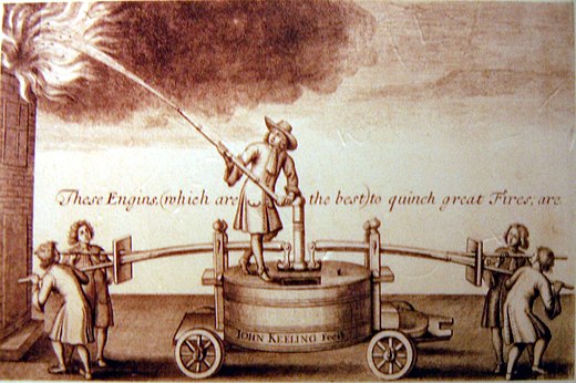 een reclame-uiting voor een betrekkelijk kleine en wendbare 17de-eeuwse brandweerwagen op wielen: "Deze wagens (de beste in zijn soort) om Grote Branden te blussen; worden vervaardigd door John Keeling in Black Fryers (na jarenlange ervaring).