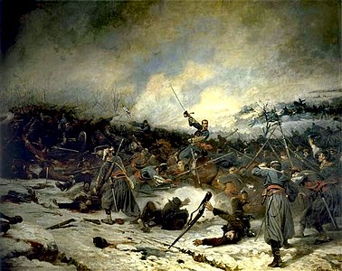 De slag bij Loigny, een romantisch doek van 5 x 3 m geschilderd in 1879 (Musée de l'Armée, Parijs).