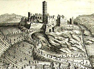 Incisione del Theatrum Sabaudiae che raffigura Cortemilia - Amsterdam 1682. Particolare del Castello nella seconda metà del XVII secolo.