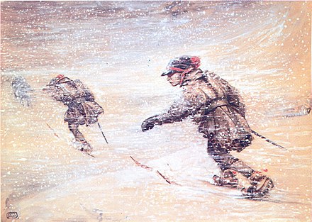 Soldats suédois avec des skis aux pieds.