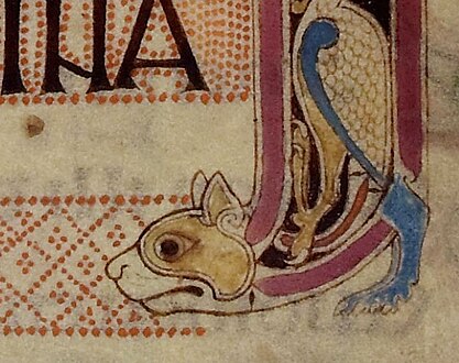 Decorados en forma de gato estirado de los Evangelios de Lindisfarne, fol. 139r.