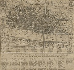 Image 6John Norden's map of London in 1593. There is only one bridge across the Thames, but parts of Southwark on the south bank of the river have been developed. (from History of London)
