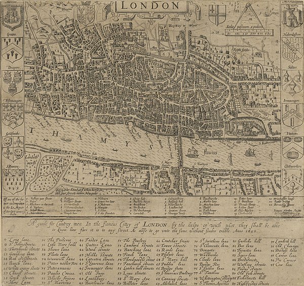 John Norden's map of London in 1593. There is only one bridge across the Thames, but parts of Southwark on the south bank of the river have been developed.