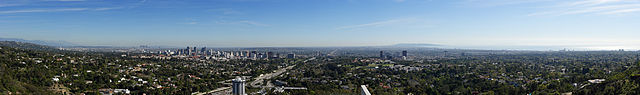 The view from the Getty Center, centered on the Westside as the 405 goes through the Sepulveda Pass in the Santa Monica Mountains and down through the