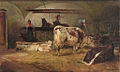 Ludwig (Louis) Gebhardt (1830–1908): Blick in einen Stall mit Bäuerin, Kühen, Kalb und Pferden. Öl/Lwd. 30 x 50,5 cm