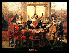 Painting by Abraham Bosse, Musical Society, French,c. 1635. Subject matter depicts amateur social music making, featuring lute, bass viol, and singers, with part books spread around the table. This is also representative of one kind of broken consort, albeit with minimal instrumentation.
