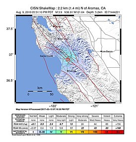 Эпицентр землетрясения в Центральной Калифорнии 10 августа 2010 года (Снимок USGS)