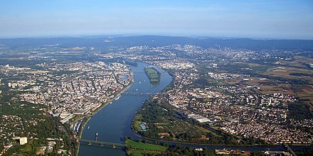 Aerial view (looking north) of Mainz with Wiesbaden in the background