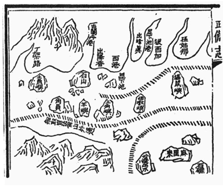 The 17th century Mao Kun map from Wubei Zhi which is based on the early 15th century navigation maps of Zheng He showing Kelantan river estuary (吉蘭丹港).