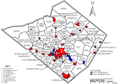 Map of Berks County, Pennsylvania with Municipal Labels showing Cities and Boroughs (red), Townships (white), and Census-designated places (blue).