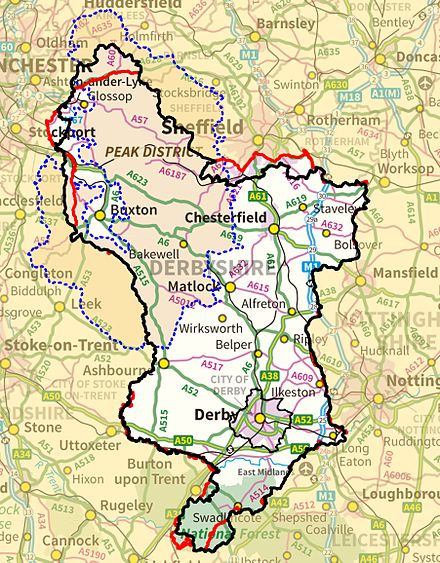 Map of Derbyshire boundaries with Peak District also shown. Black=modern Geographic boundary, Red=Vice-county boundary (VC57) where this differs from modern; Dotted Blue=Peak District boundary