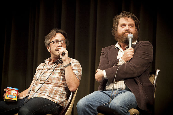 Marc Maron (left) and Zach Galifianakis (right) participating in a Doug Loves Movies podcast at the 2012 Los Angeles Podcast Festival