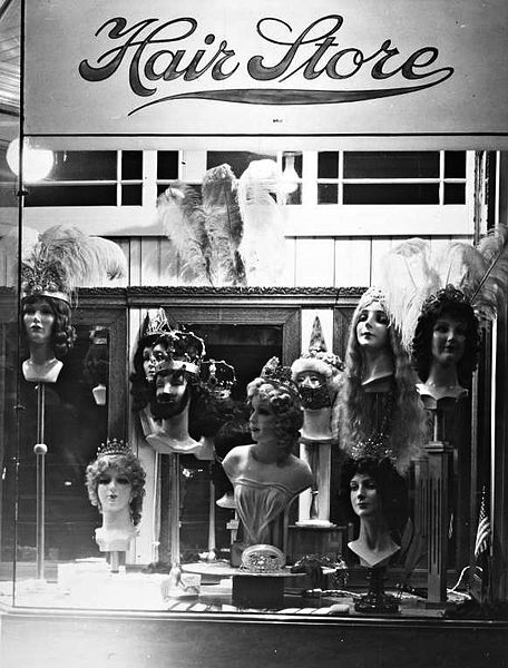 File:Mardi Gras wigs and costume jewelry in store window in New Orleans Louisiana in 1940s.jpg