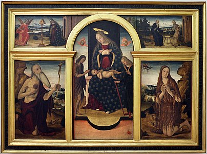 Madonna in trono e santi, Annunciazione, ss. Antonio e Paolo eremiti, Palazzo dei Diamanti, Ferrare.