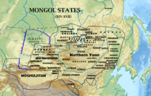 Mongol states from the 14th to the 17th centuries: the Northern Yuan dynasty, Four Oirat, Moghulistan and Kara Del Mongolia XVI.png