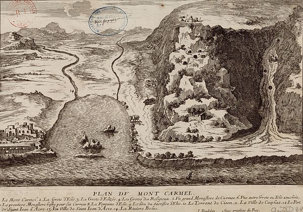 Plan of Mount, Relief view of Mount Carmel and Haifa Bay in the 17th century