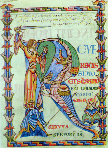 French historiated initial with men slaying a monster, from a theological manuscript.  1110–1115