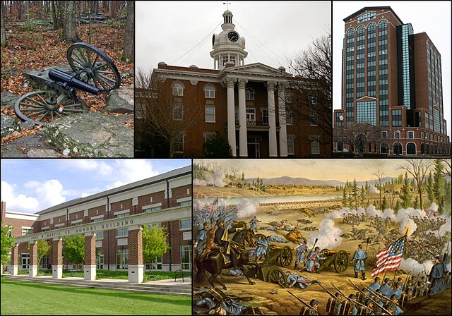 From top left, cannon at Stones River National Battlefield, Rutherford County Courthouse, City Center, MTSU's Paul W. Martin Sr. Honors Building, Batt