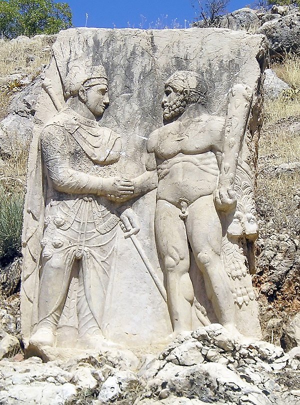 Antiochus I shaking hands with Herakles-Artagnes-Ares (at Arsameia)