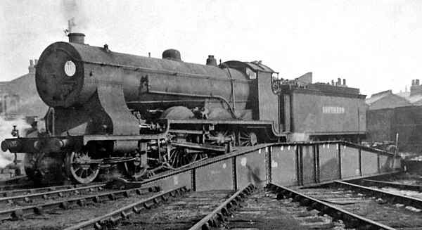 Ex-LSWR T14 class 4-6-0 on turntable at Nine Elms Locomotive Depot 1 March 1947.