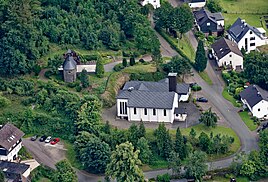 Aerial view of the Church of St. Joseph and the chapel at the Lourdes Grotto