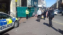 Police guarding the Zizzi restaurant in Salisbury after the poisonings. Police in Salisbury after poisonings.jpg