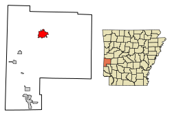 Location of Mena in Polk County, Arkansas.