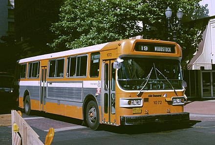 A 1976 AM General bus of Tri-Met, in Portland, Oregon, showing AM General logo on front