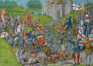 Portuguese and English armies defeating a French vanguard of the King of Castile - Chronique d' Angleterre (Volume III) (late 15th C), f.201v - BL Royal MS 14 E IV.png