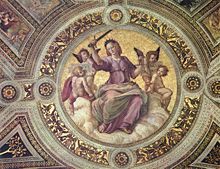 Justice displayed in a medallion on the ceiling of the Stanza della Segnatura Raffael 053.jpg