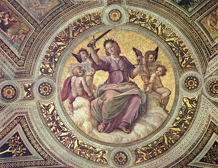 Justice displayed in a medallion on the ceiling of the Stanza della Segnatura