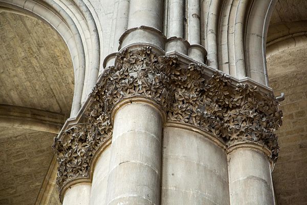 Column details in the Reims Cathedral depicting horse chestnut tree leaves