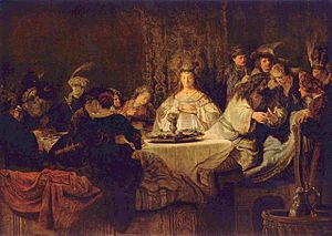 The Wedding Feast of Samson by Rembrandt, depicting the marriage of Samson and Delilah. Rembrandt Harmensz. van Rijn 146.jpg