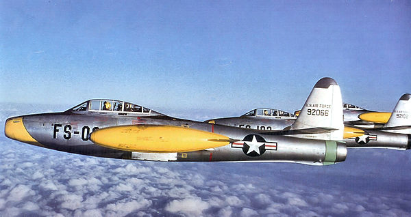 Republic F-84E-1-RE Thunderjets of the 512th Fighter-Bomber Squadron. AF Ser. No. 49-2066 is in the foreground.