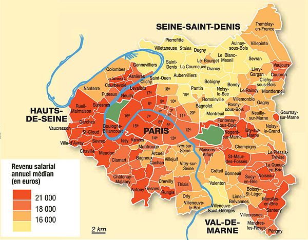 The west of Paris and its suburbs is dominated by middle- and upper-class residents, while the northeast has a large concentration of residents living