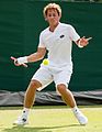 Roberto Carballés Baena competing in the first round of the 2015 Wimbledon Qualifying Tournament at the Bank of England Sports Grounds in Roehampton, England. The winners of three rounds of competition qualify for the main draw of Wimbledon the following week.